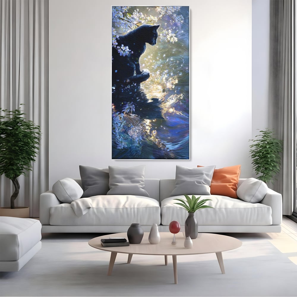 Tablou Canvas Premium, LuxCanva® M1498, Susur de Primavara, Pisica, Felina, Flori de Cires, Apa, Magie, Mistic, Primavara, Dormitor, Birou, Living, Camera Copil
