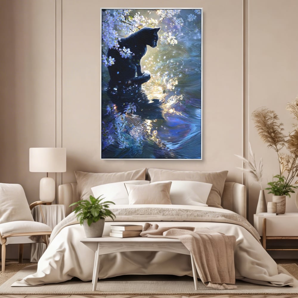 Tablou Canvas Premium, LuxCanva® M1498, Susur de Primavara, Pisica, Felina, Flori de Cires, Apa, Magie, Mistic, Primavara, Dormitor, Birou, Living, Camera Copil