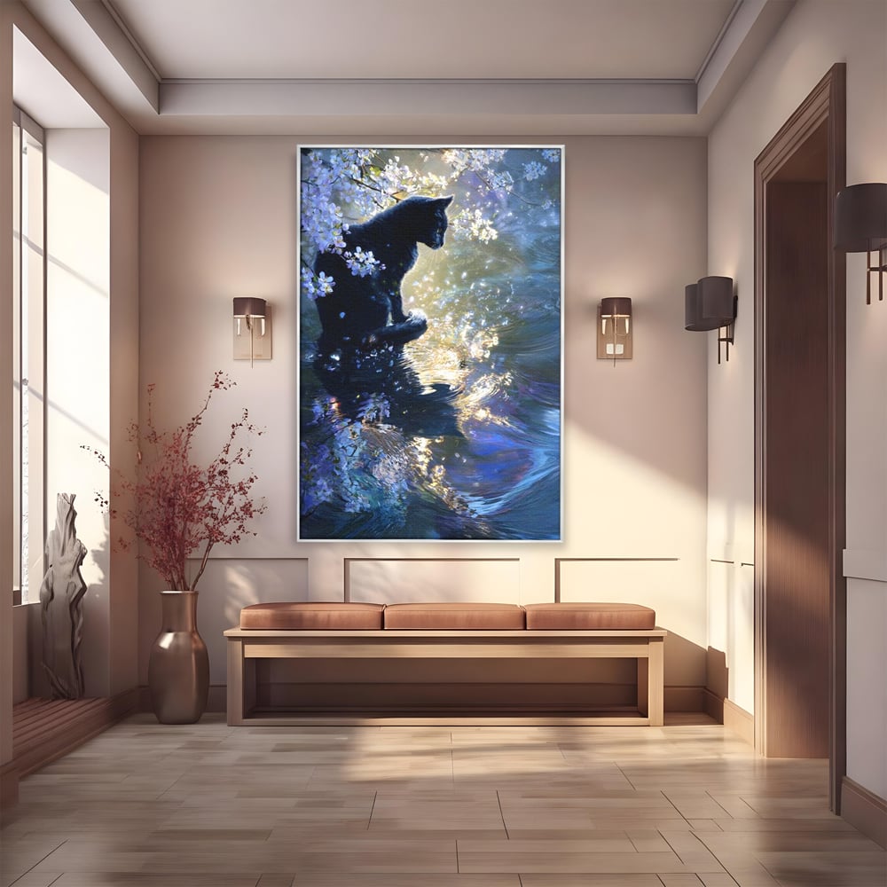 Tablou Canvas Premium, LuxCanva® M1498, Susur de Primavara, Pisica, Felina, Flori de Cires, Apa, Magie, Mistic, Primavara, Dormitor, Birou, Living, Camera Copil