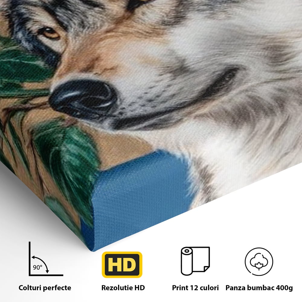 Leinwand Wandbild Premium, LuxCanva® M1499, König der wilden Blumen, Hund, Wolf, weiße Rosen, Krone, Gold, Blätter, Schlafzimmer, Büro, Wohnzimmer, Kinderzimmer
