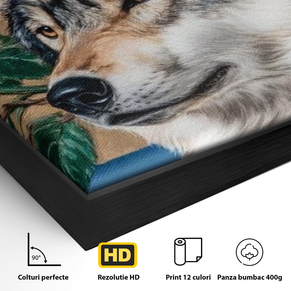 Leinwand Wandbild Premium, LuxCanva® M1499, König der wilden Blumen, Hund, Wolf, weiße Rosen, Krone, Gold, Blätter, Schlafzimmer, Büro, Wohnzimmer, Kinderzimmer