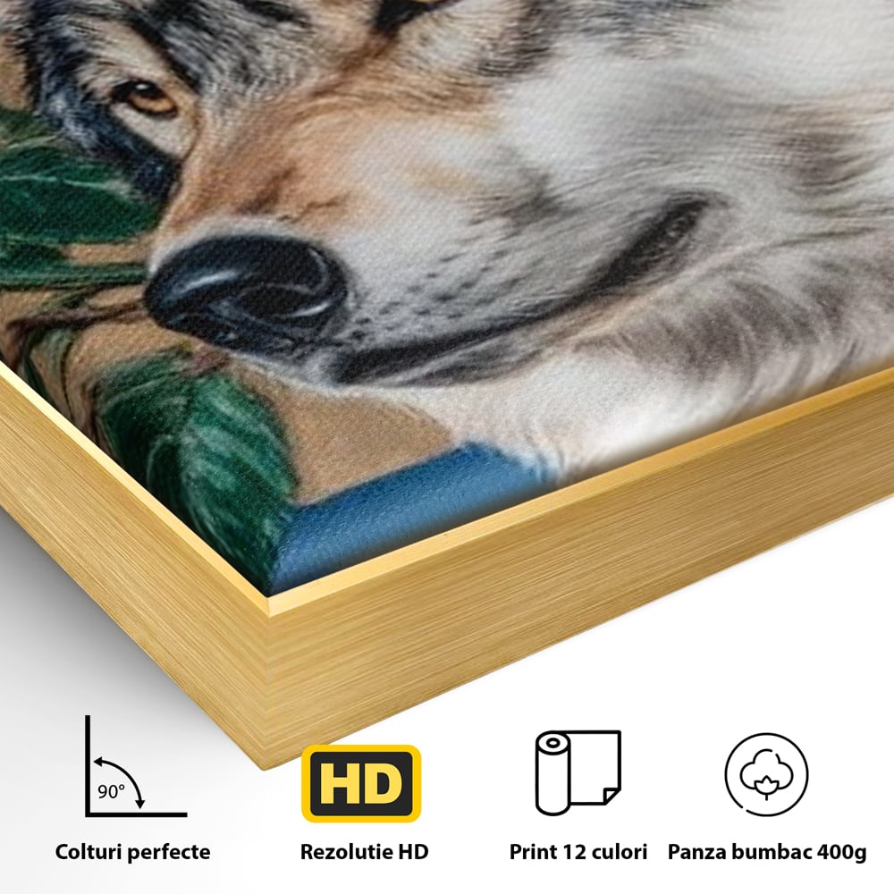 Leinwand Wandbild Premium, LuxCanva® M1499, König der wilden Blumen, Hund, Wolf, weiße Rosen, Krone, Gold, Blätter, Schlafzimmer, Büro, Wohnzimmer, Kinderzimmer