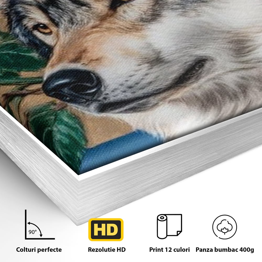 Leinwand Wandbild Premium, LuxCanva® M1499, König der wilden Blumen, Hund, Wolf, weiße Rosen, Krone, Gold, Blätter, Schlafzimmer, Büro, Wohnzimmer, Kinderzimmer