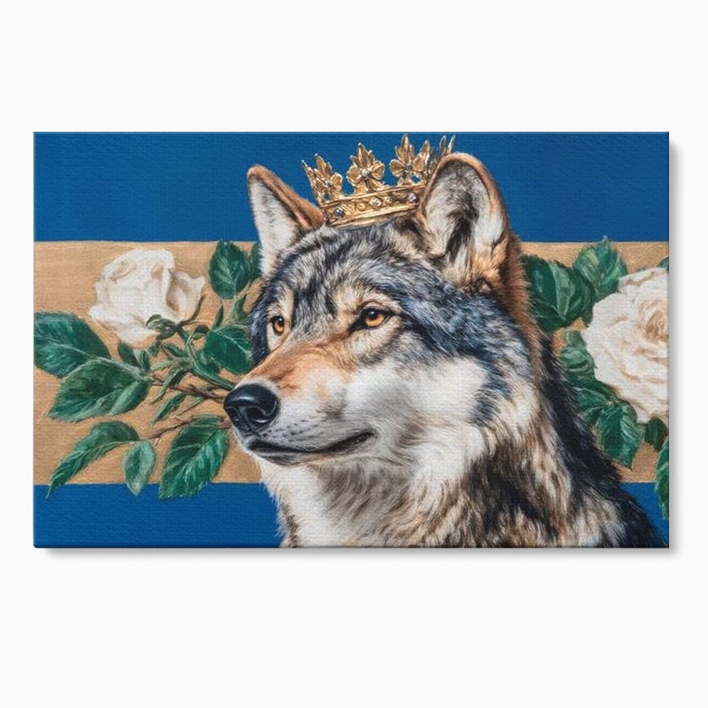 Leinwand Wandbild Premium, LuxCanva® M1499, König der wilden Blumen, Hund, Wolf, weiße Rosen, Krone, Gold, Blätter, Schlafzimmer, Büro, Wohnzimmer, Kinderzimmer