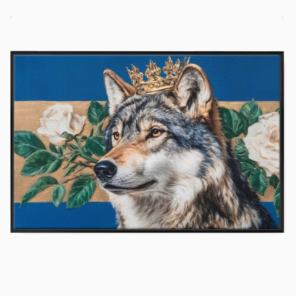 Leinwand Wandbild Premium, LuxCanva® M1499, König der wilden Blumen, Hund, Wolf, weiße Rosen, Krone, Gold, Blätter, Schlafzimmer, Büro, Wohnzimmer, Kinderzimmer