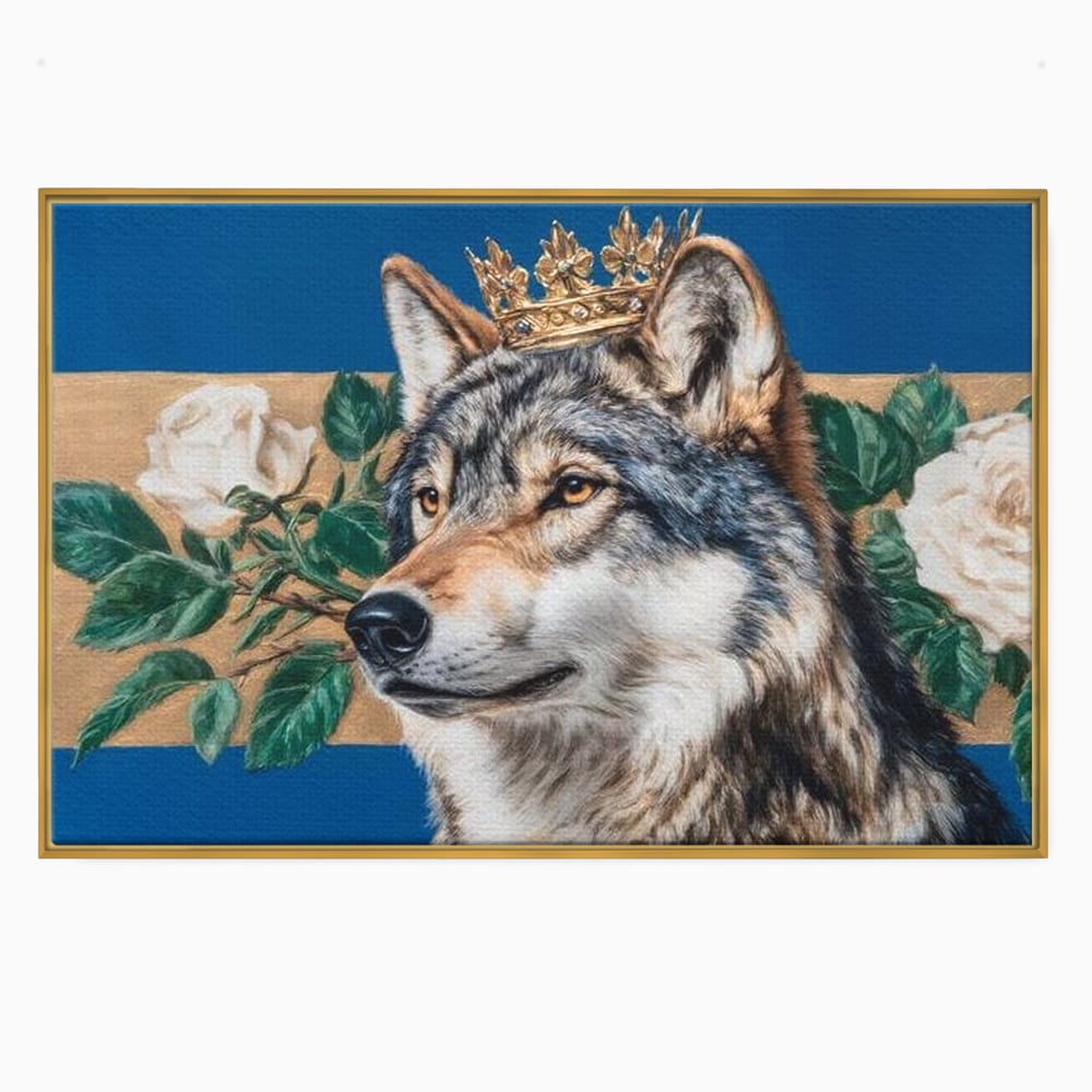 Leinwand Wandbild Premium, LuxCanva® M1499, König der wilden Blumen, Hund, Wolf, weiße Rosen, Krone, Gold, Blätter, Schlafzimmer, Büro, Wohnzimmer, Kinderzimmer