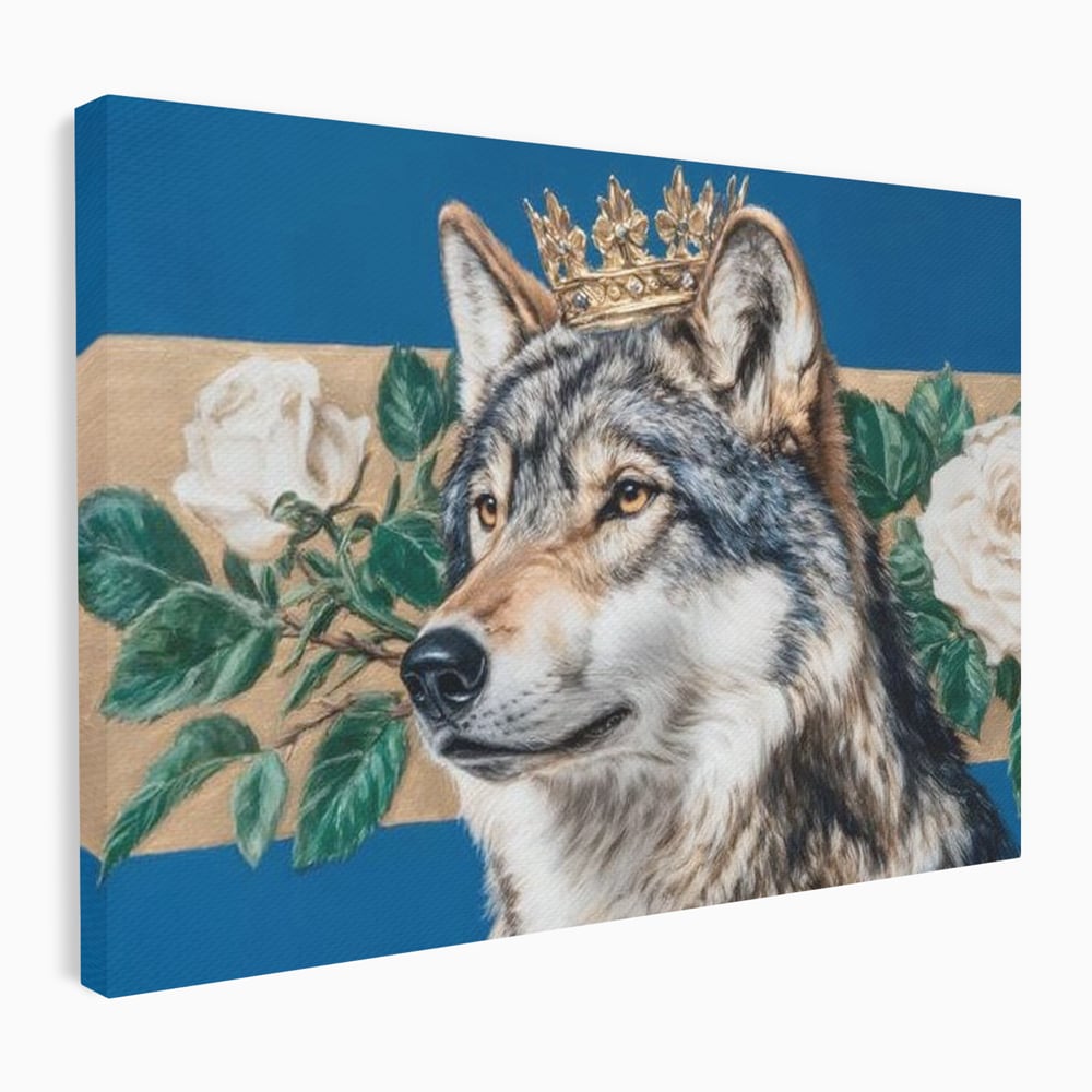 Leinwand Wandbild Premium, LuxCanva® M1499, König der wilden Blumen, Hund, Wolf, weiße Rosen, Krone, Gold, Blätter, Schlafzimmer, Büro, Wohnzimmer, Kinderzimmer