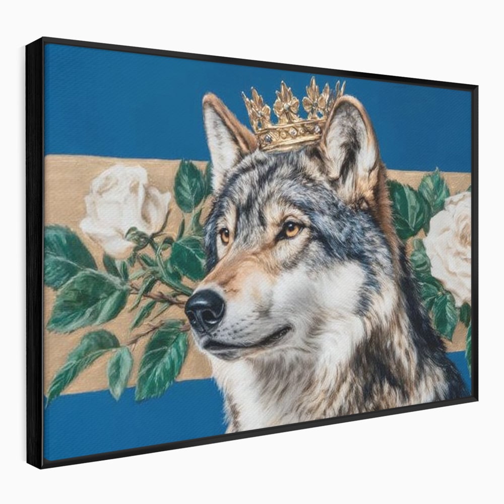 Leinwand Wandbild Premium, LuxCanva® M1499, König der wilden Blumen, Hund, Wolf, weiße Rosen, Krone, Gold, Blätter, Schlafzimmer, Büro, Wohnzimmer, Kinderzimmer