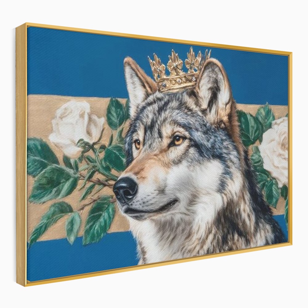 Leinwand Wandbild Premium, LuxCanva® M1499, König der wilden Blumen, Hund, Wolf, weiße Rosen, Krone, Gold, Blätter, Schlafzimmer, Büro, Wohnzimmer, Kinderzimmer