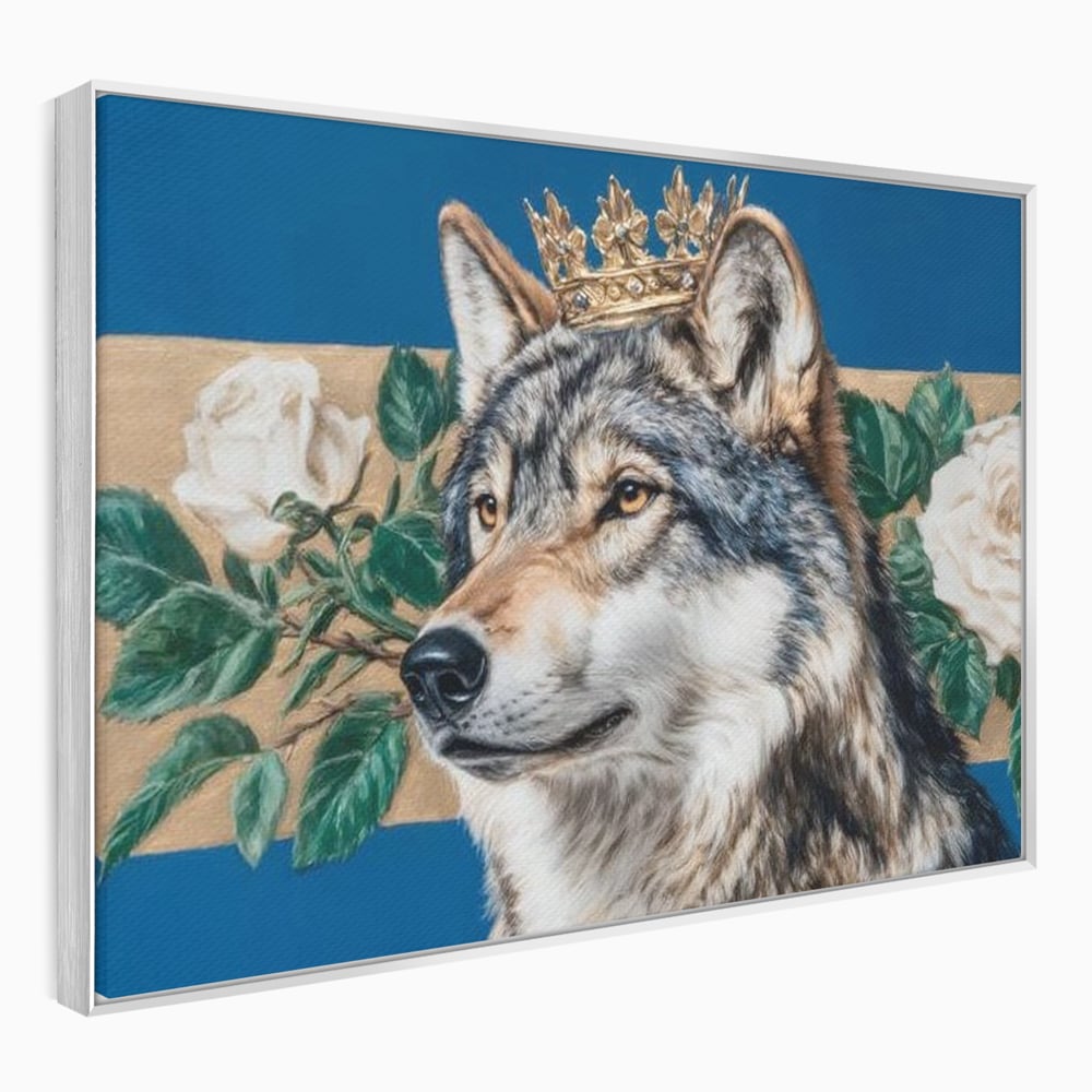 Leinwand Wandbild Premium, LuxCanva® M1499, König der wilden Blumen, Hund, Wolf, weiße Rosen, Krone, Gold, Blätter, Schlafzimmer, Büro, Wohnzimmer, Kinderzimmer