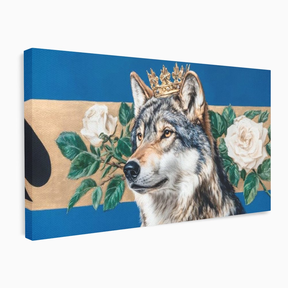 Leinwand Wandbild Premium, LuxCanva® M1499, König der wilden Blumen, Hund, Wolf, weiße Rosen, Krone, Gold, Blätter, Schlafzimmer, Büro, Wohnzimmer, Kinderzimmer