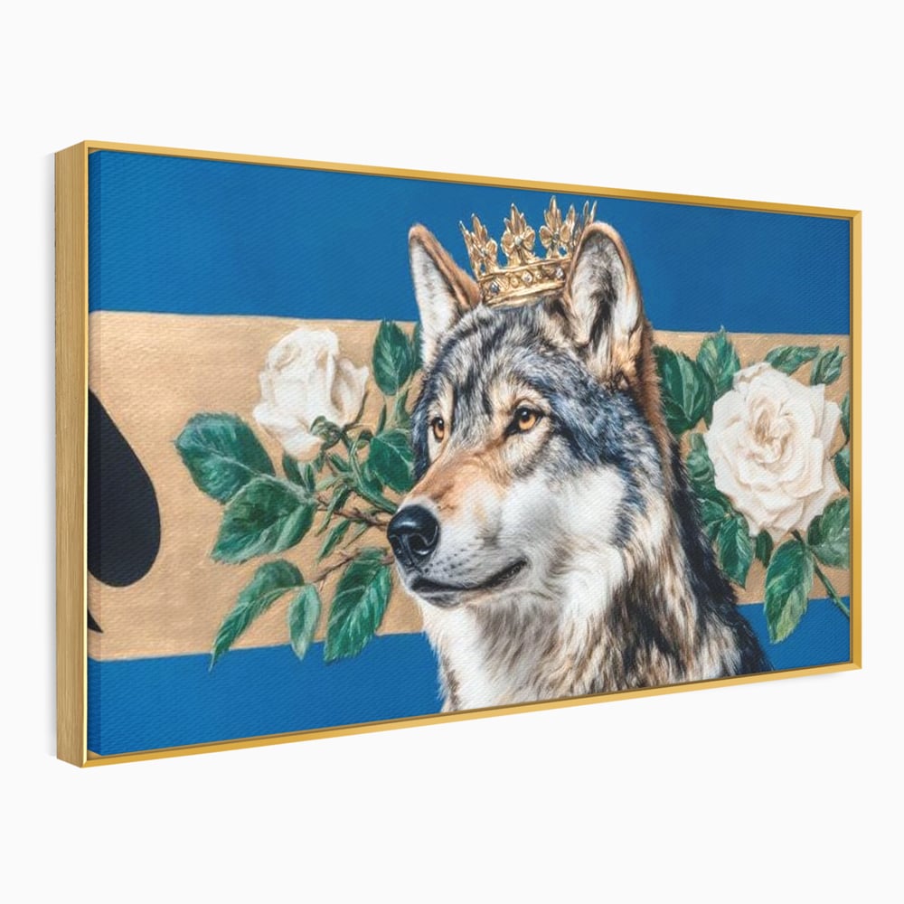 Leinwand Wandbild Premium, LuxCanva® M1499, König der wilden Blumen, Hund, Wolf, weiße Rosen, Krone, Gold, Blätter, Schlafzimmer, Büro, Wohnzimmer, Kinderzimmer
