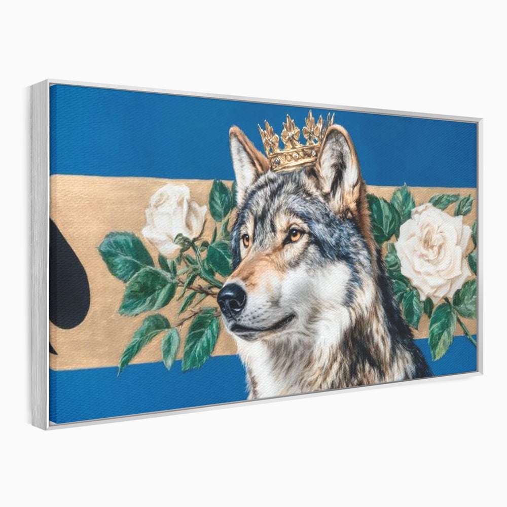 Leinwand Wandbild Premium, LuxCanva® M1499, König der wilden Blumen, Hund, Wolf, weiße Rosen, Krone, Gold, Blätter, Schlafzimmer, Büro, Wohnzimmer, Kinderzimmer