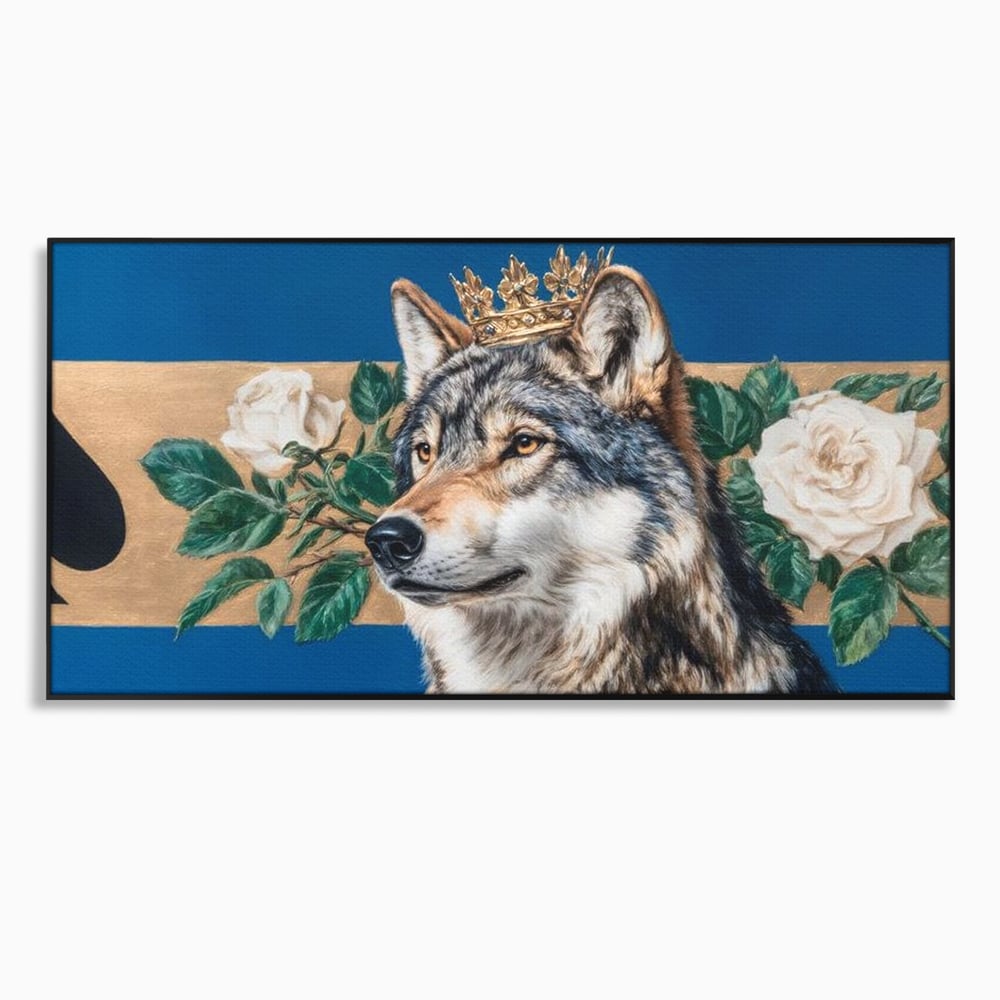 Leinwand Wandbild Premium, LuxCanva® M1499, König der wilden Blumen, Hund, Wolf, weiße Rosen, Krone, Gold, Blätter, Schlafzimmer, Büro, Wohnzimmer, Kinderzimmer