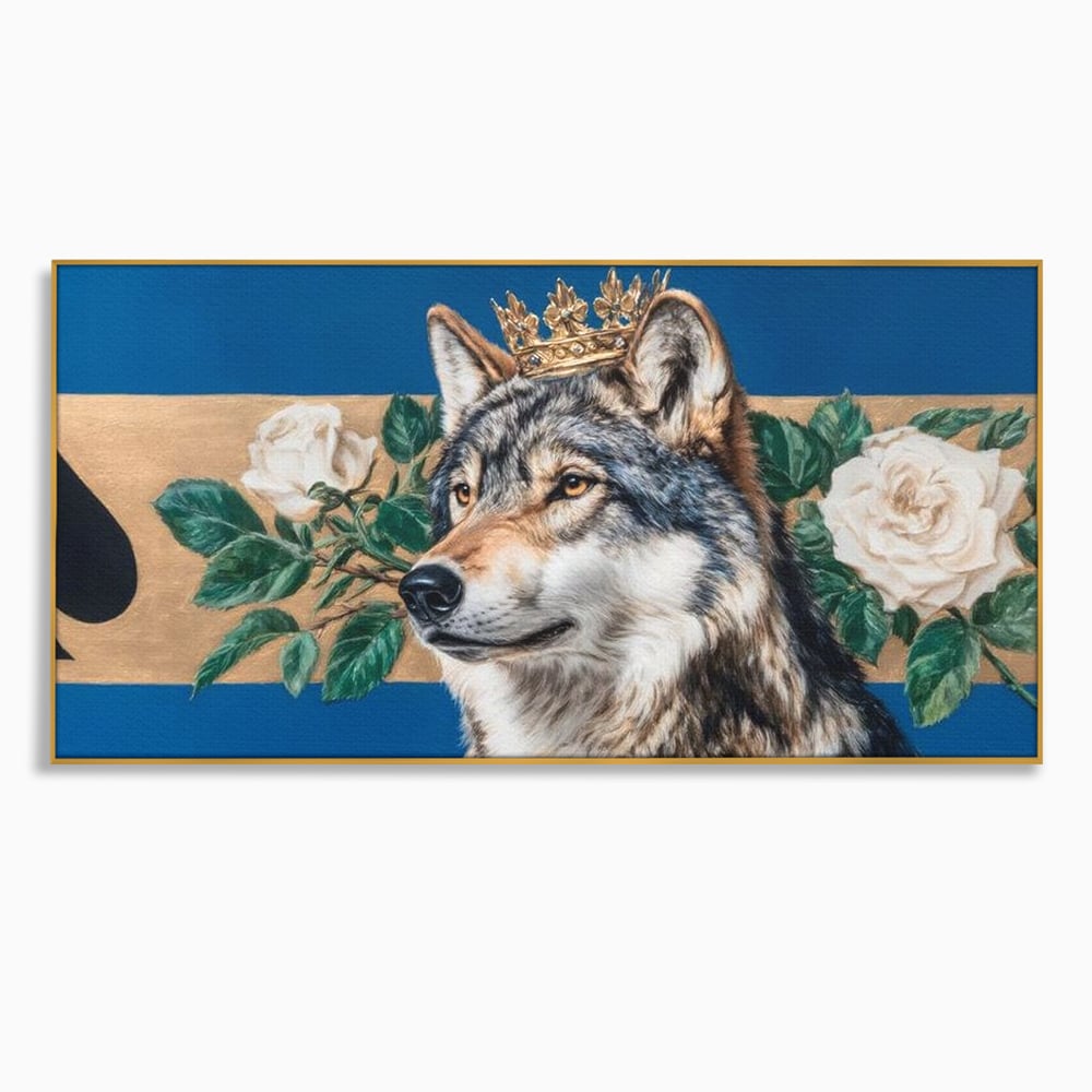 Leinwand Wandbild Premium, LuxCanva® M1499, König der wilden Blumen, Hund, Wolf, weiße Rosen, Krone, Gold, Blätter, Schlafzimmer, Büro, Wohnzimmer, Kinderzimmer