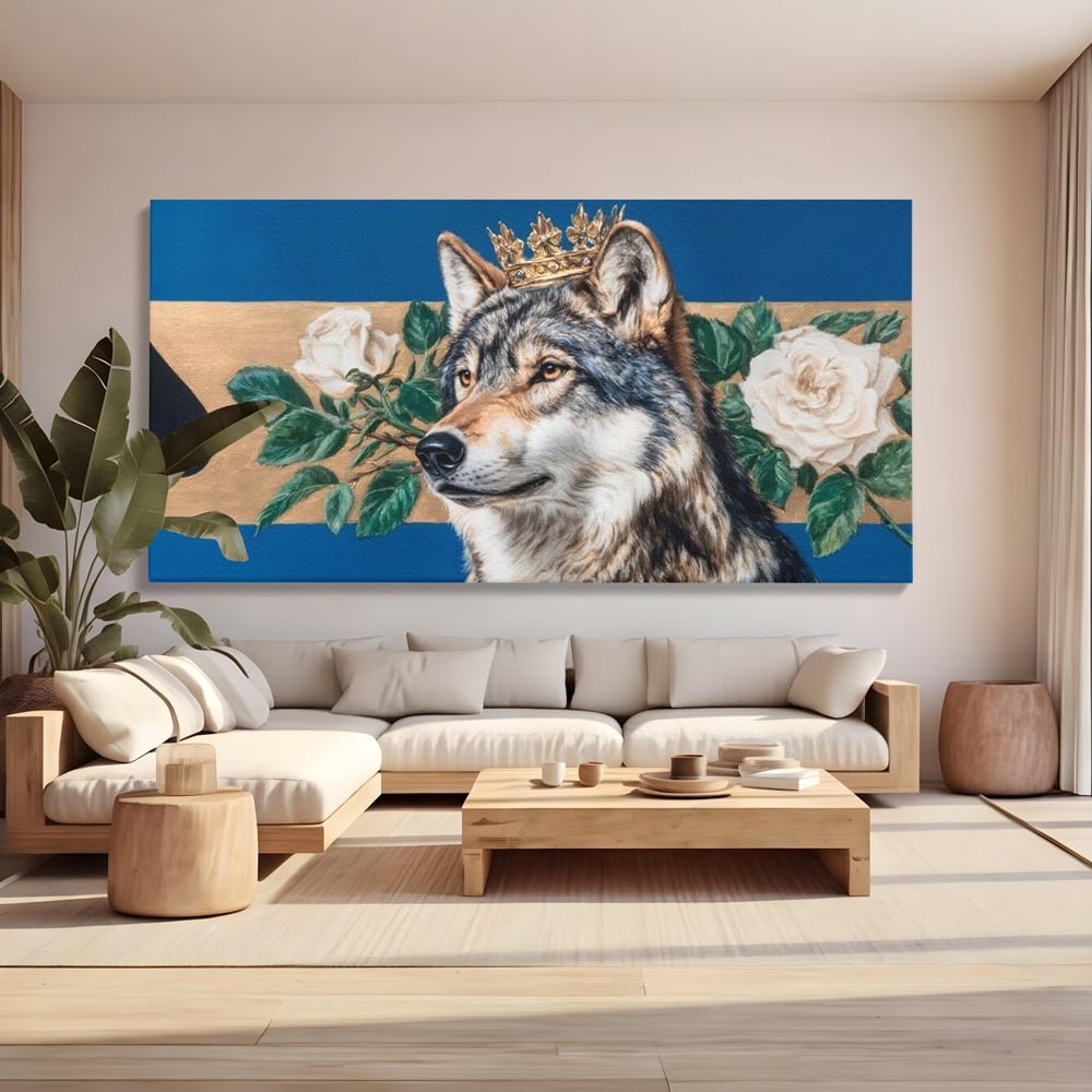 Leinwand Wandbild Premium, LuxCanva® M1499, König der wilden Blumen, Hund, Wolf, weiße Rosen, Krone, Gold, Blätter, Schlafzimmer, Büro, Wohnzimmer, Kinderzimmer