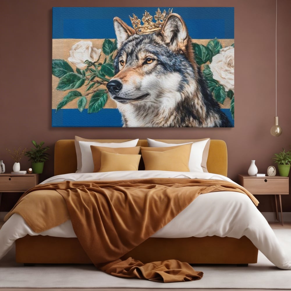 Leinwand Wandbild Premium, LuxCanva® M1499, König der wilden Blumen, Hund, Wolf, weiße Rosen, Krone, Gold, Blätter, Schlafzimmer, Büro, Wohnzimmer, Kinderzimmer