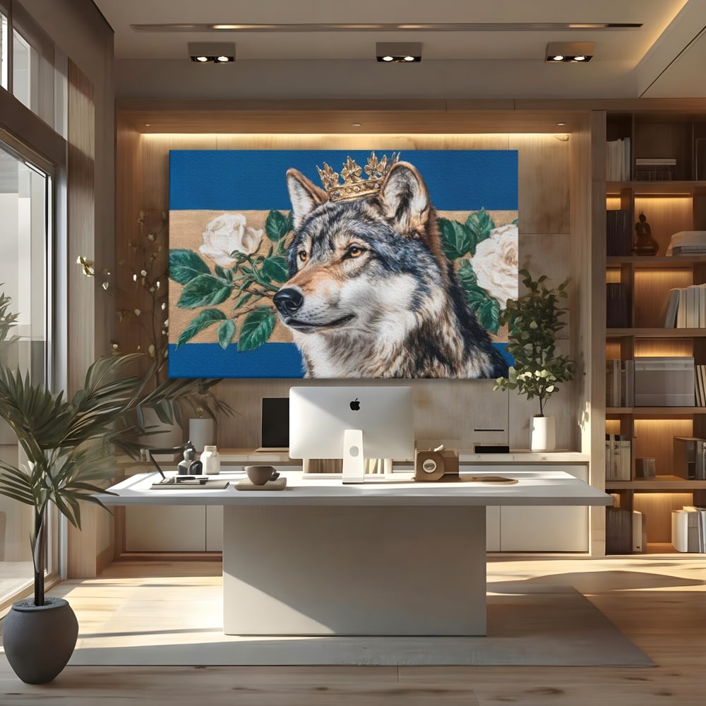 Leinwand Wandbild Premium, LuxCanva® M1499, König der wilden Blumen, Hund, Wolf, weiße Rosen, Krone, Gold, Blätter, Schlafzimmer, Büro, Wohnzimmer, Kinderzimmer