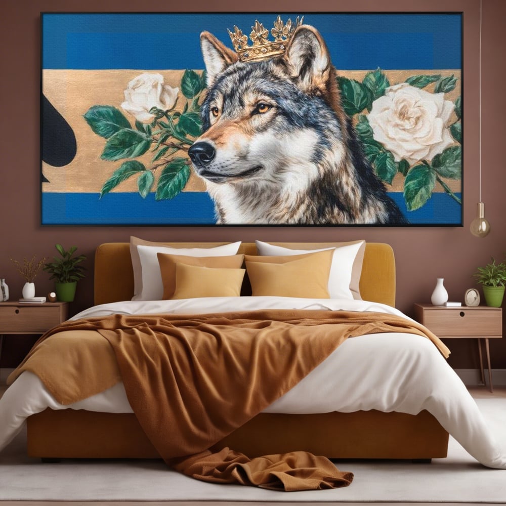 Leinwand Wandbild Premium, LuxCanva® M1499, König der wilden Blumen, Hund, Wolf, weiße Rosen, Krone, Gold, Blätter, Schlafzimmer, Büro, Wohnzimmer, Kinderzimmer