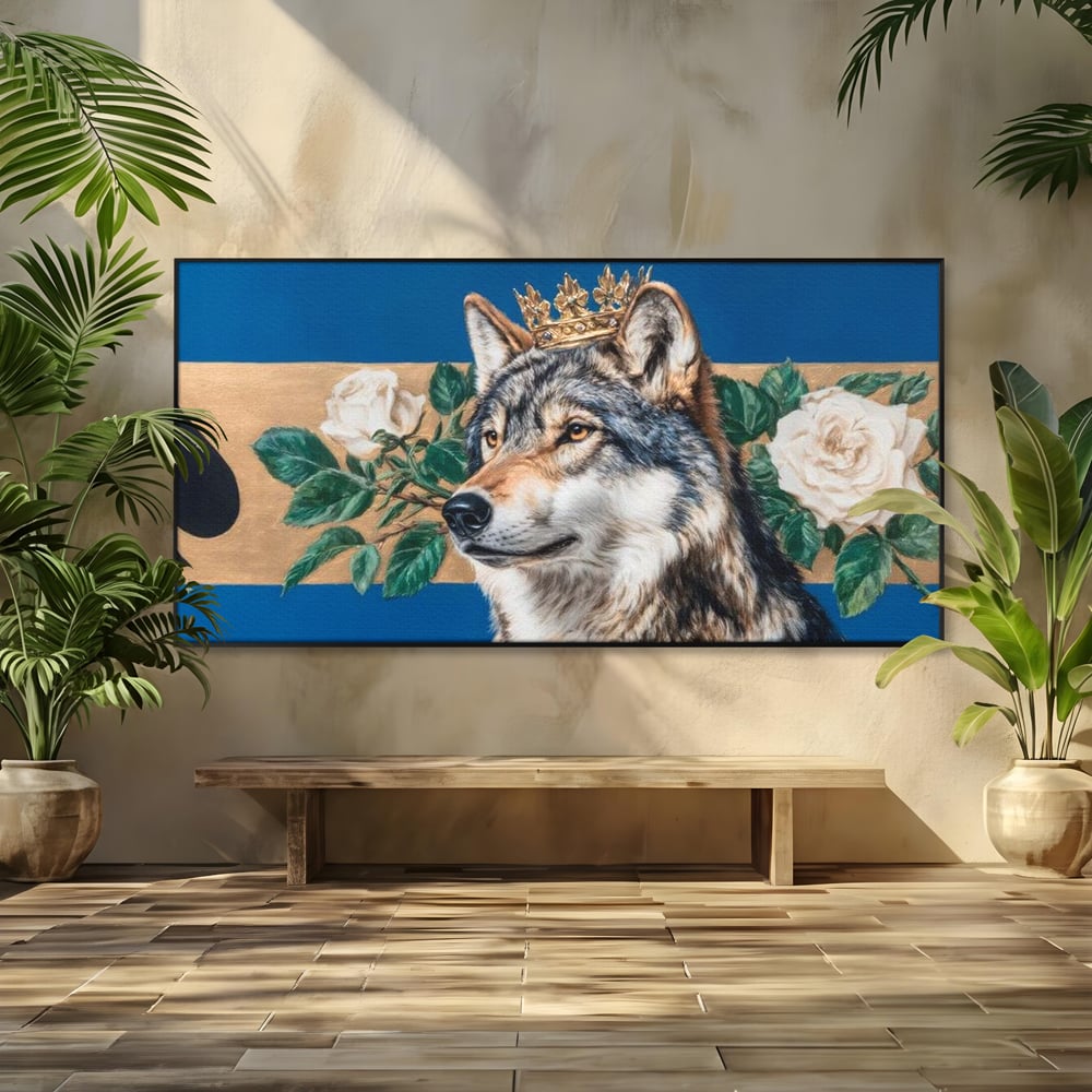 Leinwand Wandbild Premium, LuxCanva® M1499, König der wilden Blumen, Hund, Wolf, weiße Rosen, Krone, Gold, Blätter, Schlafzimmer, Büro, Wohnzimmer, Kinderzimmer