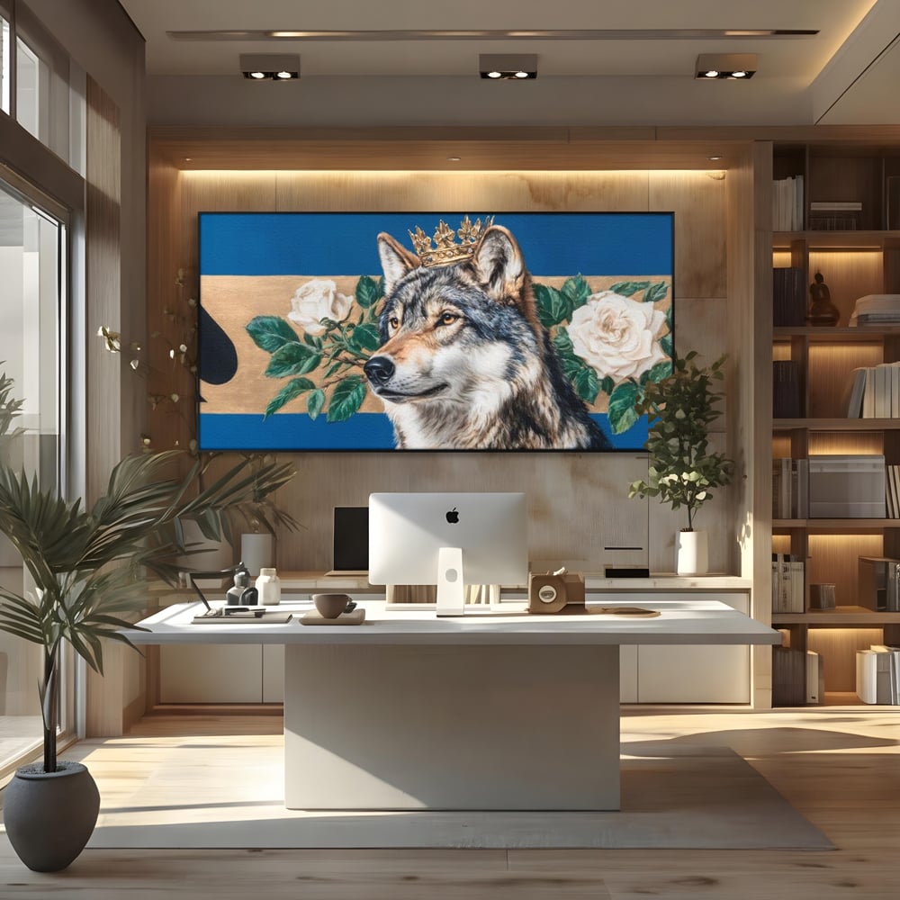 Leinwand Wandbild Premium, LuxCanva® M1499, König der wilden Blumen, Hund, Wolf, weiße Rosen, Krone, Gold, Blätter, Schlafzimmer, Büro, Wohnzimmer, Kinderzimmer
