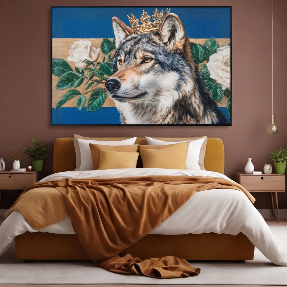 Leinwand Wandbild Premium, LuxCanva® M1499, König der wilden Blumen, Hund, Wolf, weiße Rosen, Krone, Gold, Blätter, Schlafzimmer, Büro, Wohnzimmer, Kinderzimmer