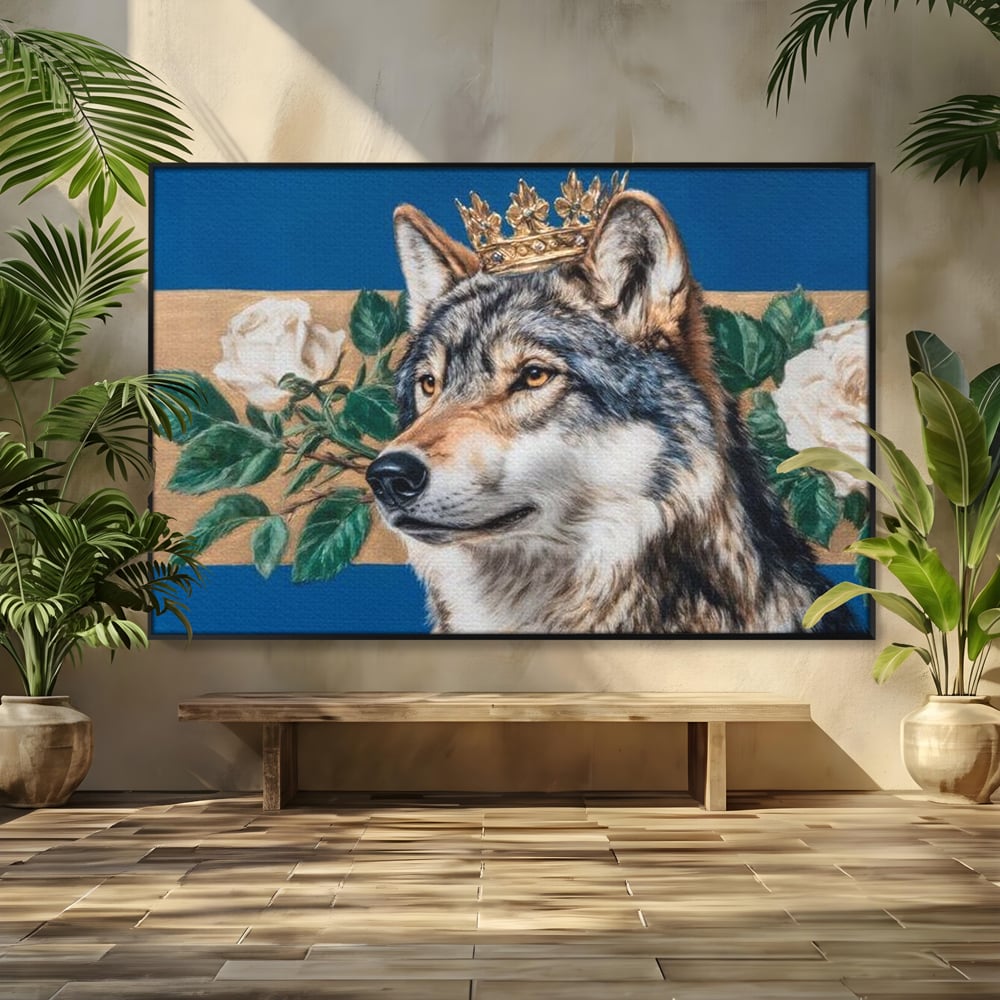 Leinwand Wandbild Premium, LuxCanva® M1499, König der wilden Blumen, Hund, Wolf, weiße Rosen, Krone, Gold, Blätter, Schlafzimmer, Büro, Wohnzimmer, Kinderzimmer