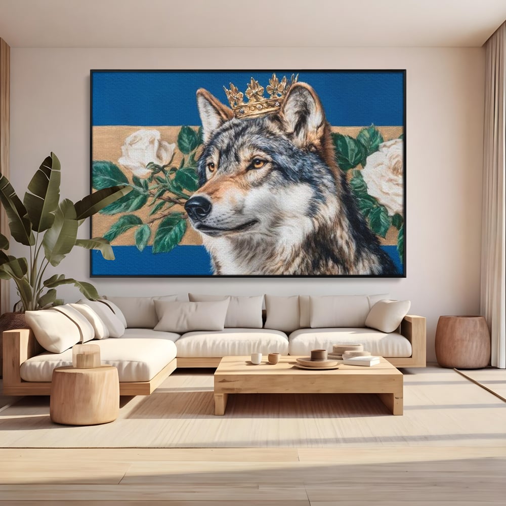Leinwand Wandbild Premium, LuxCanva® M1499, König der wilden Blumen, Hund, Wolf, weiße Rosen, Krone, Gold, Blätter, Schlafzimmer, Büro, Wohnzimmer, Kinderzimmer