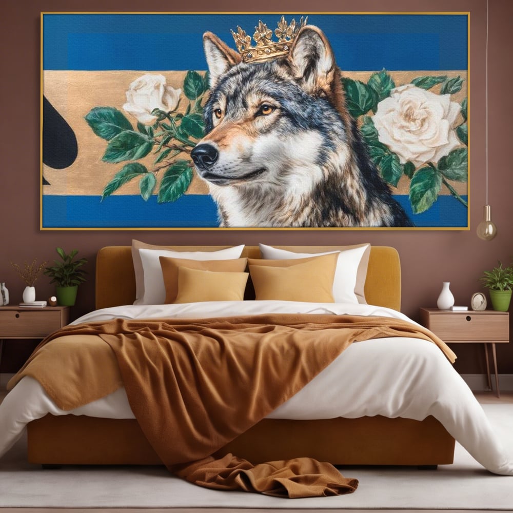 Leinwand Wandbild Premium, LuxCanva® M1499, König der wilden Blumen, Hund, Wolf, weiße Rosen, Krone, Gold, Blätter, Schlafzimmer, Büro, Wohnzimmer, Kinderzimmer
