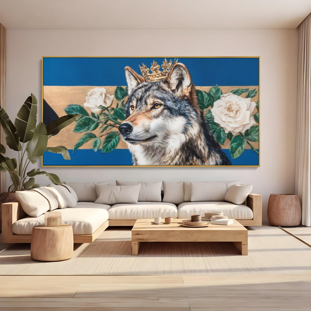 Leinwand Wandbild Premium, LuxCanva® M1499, König der wilden Blumen, Hund, Wolf, weiße Rosen, Krone, Gold, Blätter, Schlafzimmer, Büro, Wohnzimmer, Kinderzimmer
