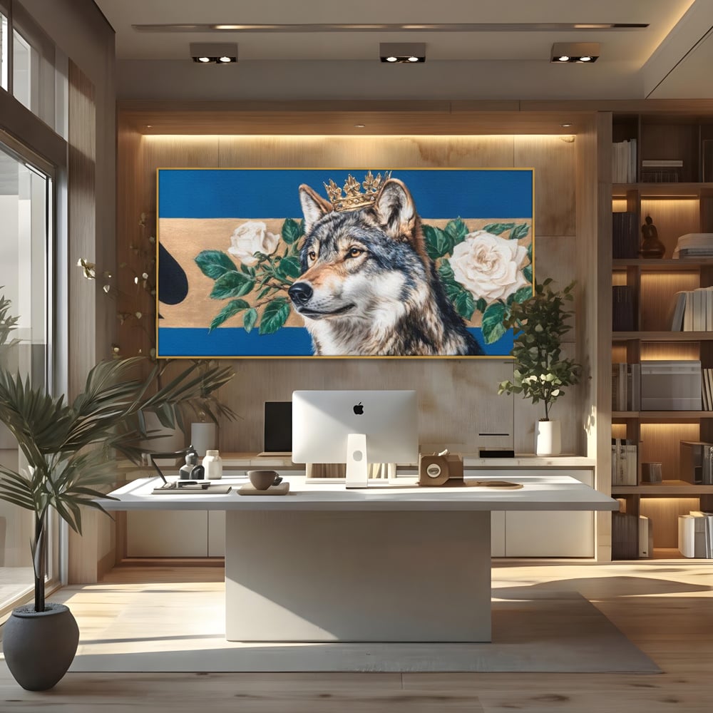Leinwand Wandbild Premium, LuxCanva® M1499, König der wilden Blumen, Hund, Wolf, weiße Rosen, Krone, Gold, Blätter, Schlafzimmer, Büro, Wohnzimmer, Kinderzimmer