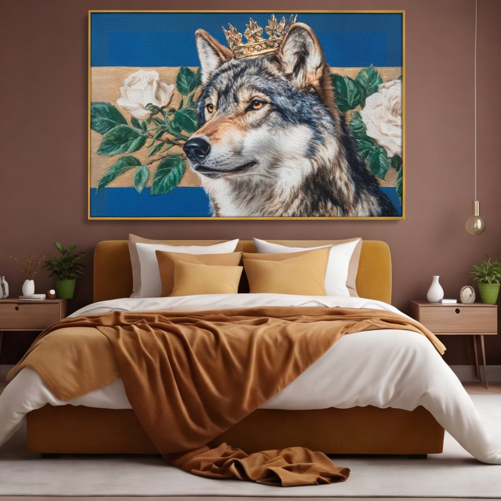 Leinwand Wandbild Premium, LuxCanva® M1499, König der wilden Blumen, Hund, Wolf, weiße Rosen, Krone, Gold, Blätter, Schlafzimmer, Büro, Wohnzimmer, Kinderzimmer