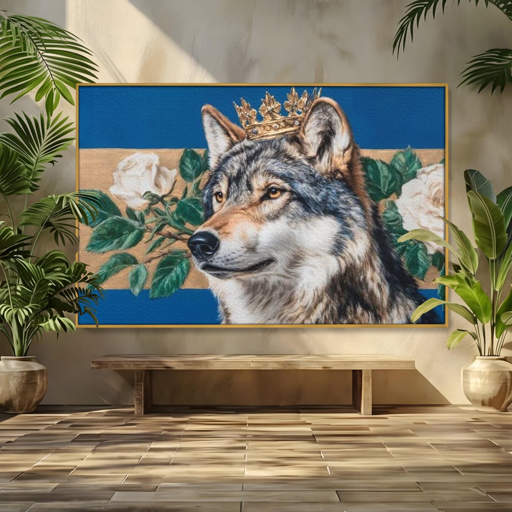 Leinwand Wandbild Premium, LuxCanva® M1499, König der wilden Blumen, Hund, Wolf, weiße Rosen, Krone, Gold, Blätter, Schlafzimmer, Büro, Wohnzimmer, Kinderzimmer