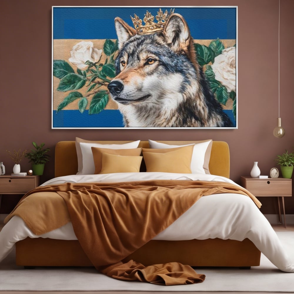 Leinwand Wandbild Premium, LuxCanva® M1499, König der wilden Blumen, Hund, Wolf, weiße Rosen, Krone, Gold, Blätter, Schlafzimmer, Büro, Wohnzimmer, Kinderzimmer