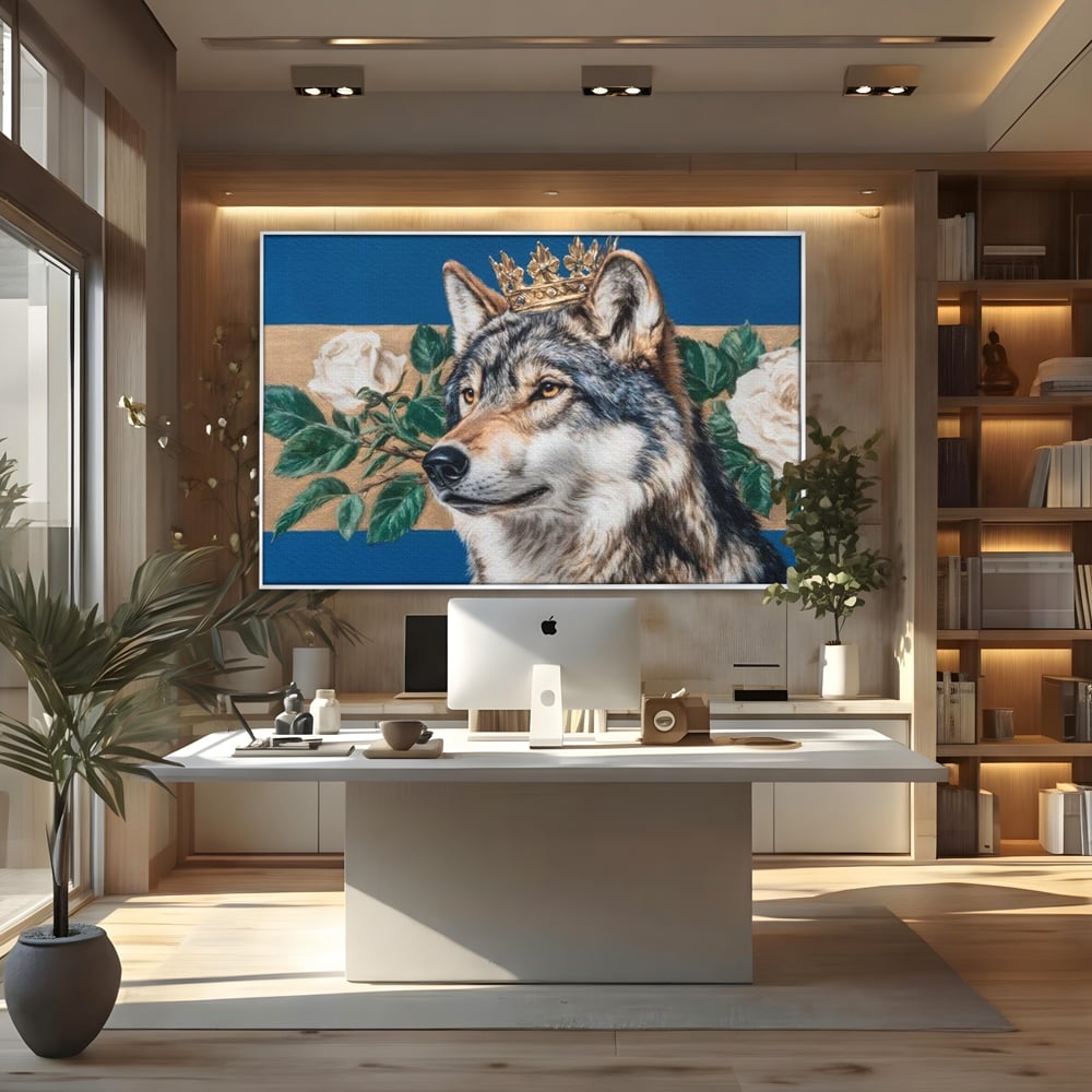 Leinwand Wandbild Premium, LuxCanva® M1499, König der wilden Blumen, Hund, Wolf, weiße Rosen, Krone, Gold, Blätter, Schlafzimmer, Büro, Wohnzimmer, Kinderzimmer