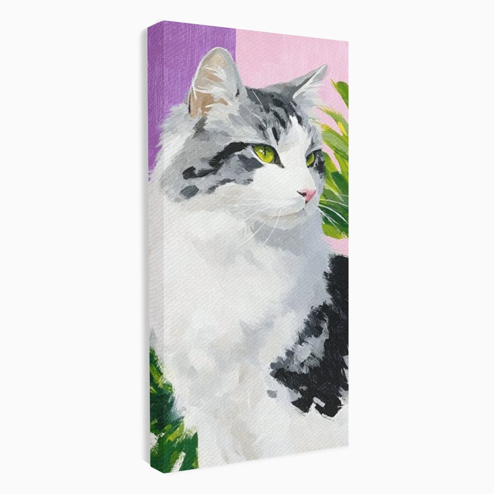 Leinwand Wandkunst Canvas Premium, LuxCanva® M1501, Emerald Lady, Natur, Botanik, Pastell, Malerei, Grün, Blätter, Katze, Tiere, Schlafzimmer, Büro, Wohnzimmer, Kinderzimmer
