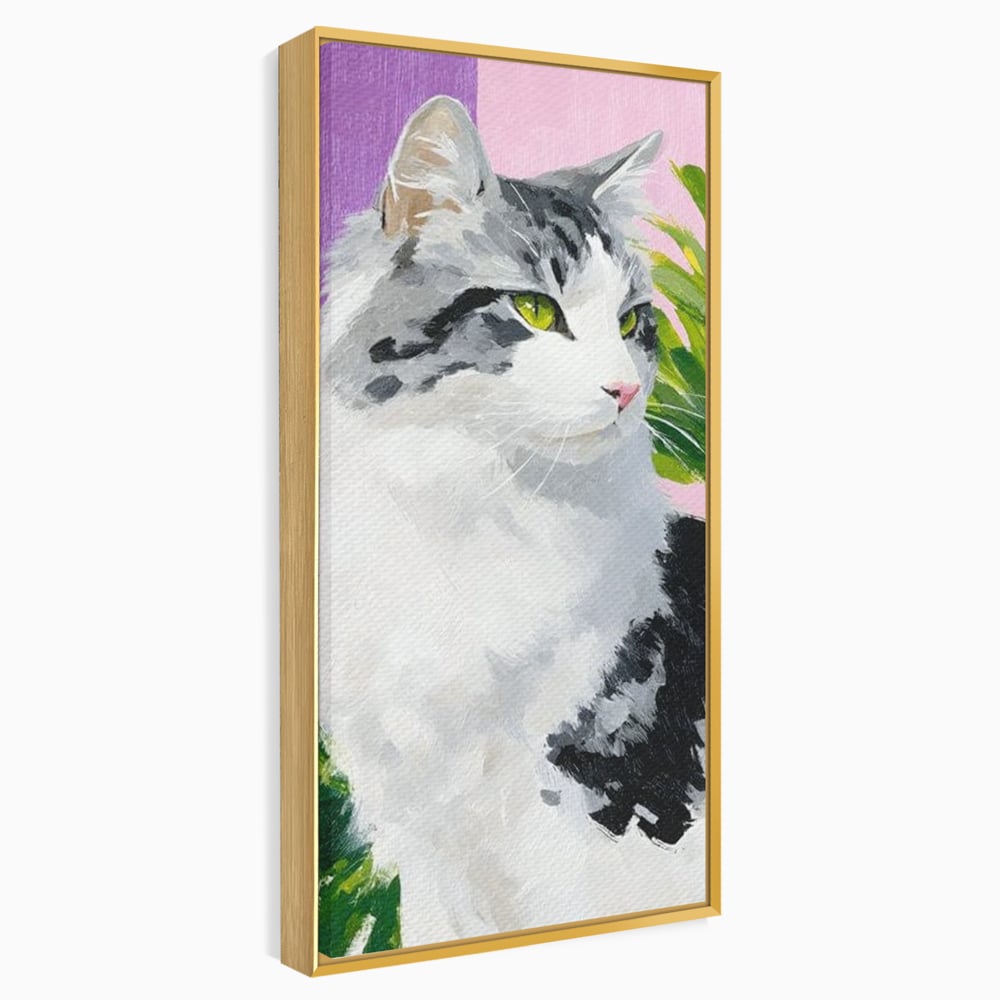 Leinwand Wandkunst Canvas Premium, LuxCanva® M1501, Emerald Lady, Natur, Botanik, Pastell, Malerei, Grün, Blätter, Katze, Tiere, Schlafzimmer, Büro, Wohnzimmer, Kinderzimmer