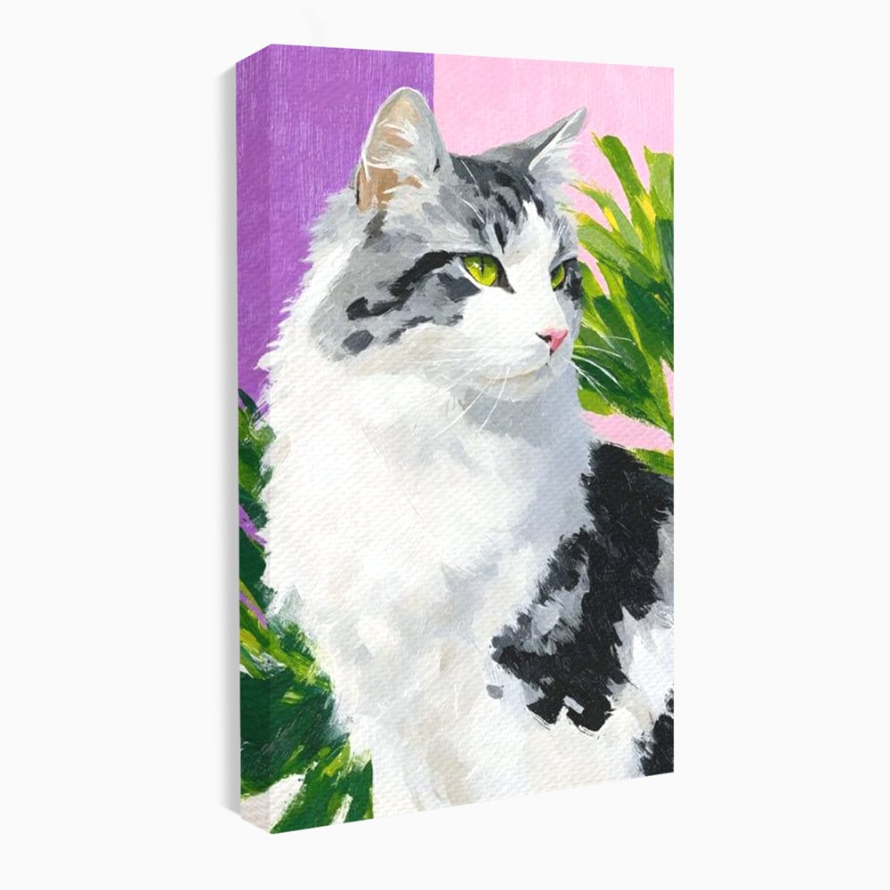 Leinwand Wandkunst Canvas Premium, LuxCanva® M1501, Emerald Lady, Natur, Botanik, Pastell, Malerei, Grün, Blätter, Katze, Tiere, Schlafzimmer, Büro, Wohnzimmer, Kinderzimmer