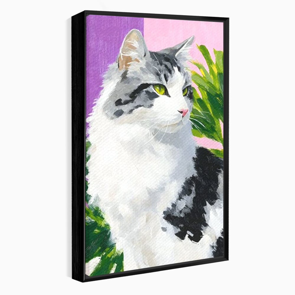 Leinwand Wandkunst Canvas Premium, LuxCanva® M1501, Emerald Lady, Natur, Botanik, Pastell, Malerei, Grün, Blätter, Katze, Tiere, Schlafzimmer, Büro, Wohnzimmer, Kinderzimmer