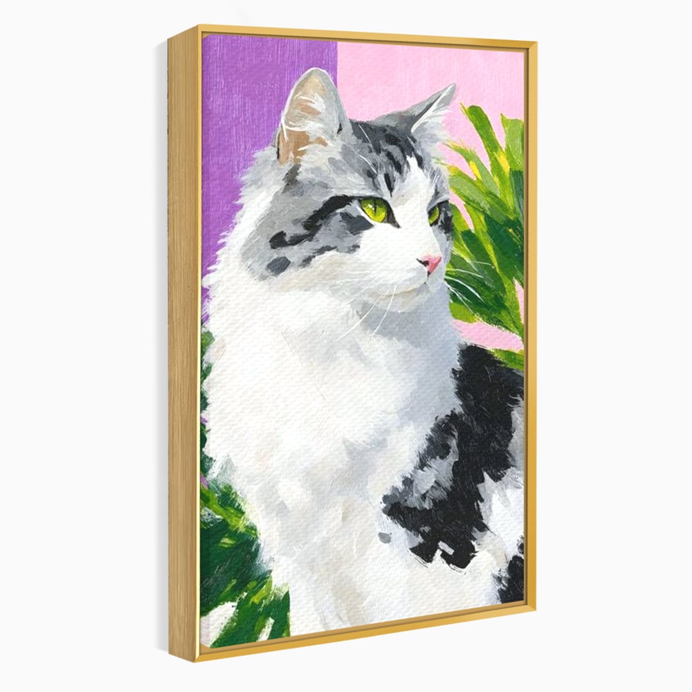 Leinwand Wandkunst Canvas Premium, LuxCanva® M1501, Emerald Lady, Natur, Botanik, Pastell, Malerei, Grün, Blätter, Katze, Tiere, Schlafzimmer, Büro, Wohnzimmer, Kinderzimmer