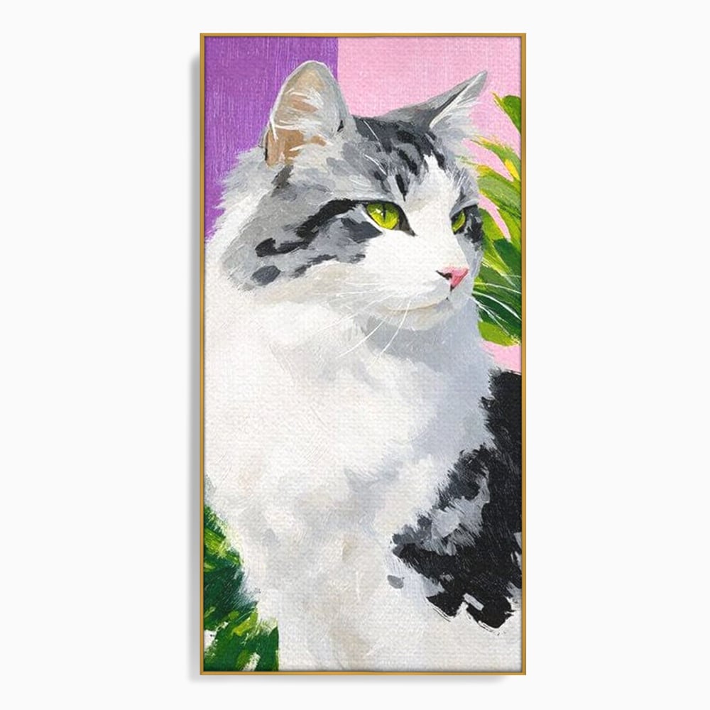 Leinwand Wandkunst Canvas Premium, LuxCanva® M1501, Emerald Lady, Natur, Botanik, Pastell, Malerei, Grün, Blätter, Katze, Tiere, Schlafzimmer, Büro, Wohnzimmer, Kinderzimmer