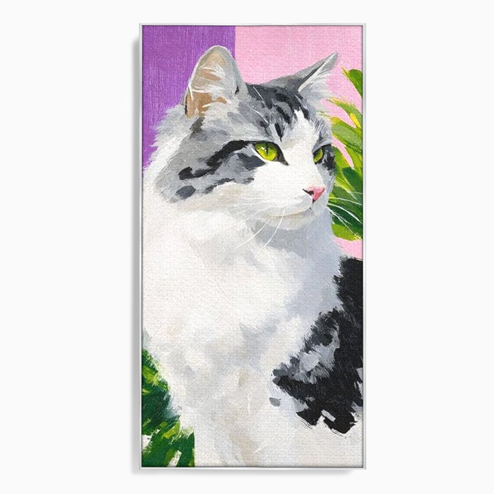 Leinwand Wandkunst Canvas Premium, LuxCanva® M1501, Emerald Lady, Natur, Botanik, Pastell, Malerei, Grün, Blätter, Katze, Tiere, Schlafzimmer, Büro, Wohnzimmer, Kinderzimmer