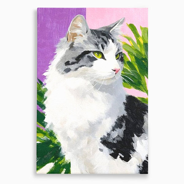 Leinwand Wandkunst Canvas Premium, LuxCanva® M1501, Emerald Lady, Natur, Botanik, Pastell, Malerei, Grün, Blätter, Katze, Tiere, Schlafzimmer, Büro, Wohnzimmer, Kinderzimmer
