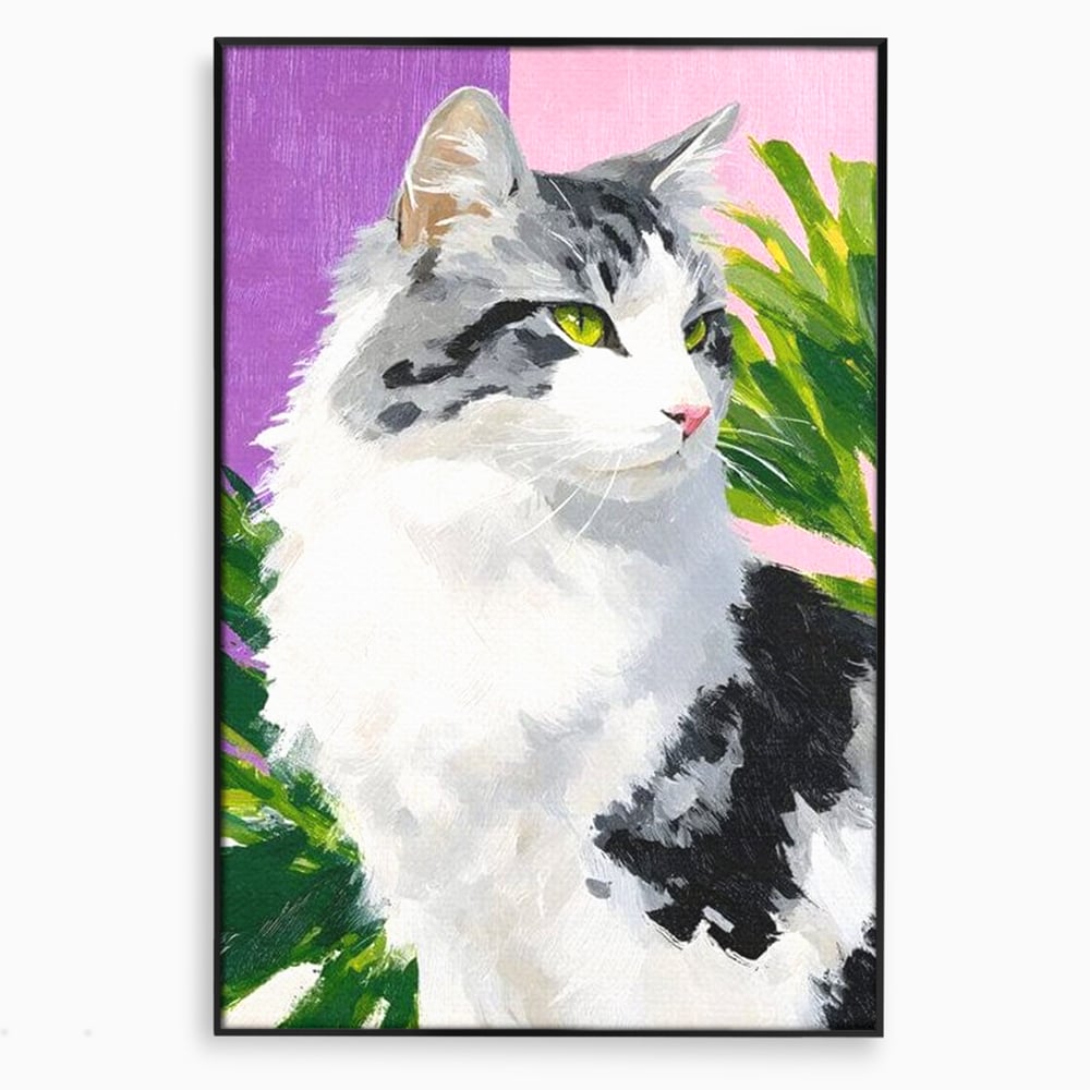 Leinwand Wandkunst Canvas Premium, LuxCanva® M1501, Emerald Lady, Natur, Botanik, Pastell, Malerei, Grün, Blätter, Katze, Tiere, Schlafzimmer, Büro, Wohnzimmer, Kinderzimmer