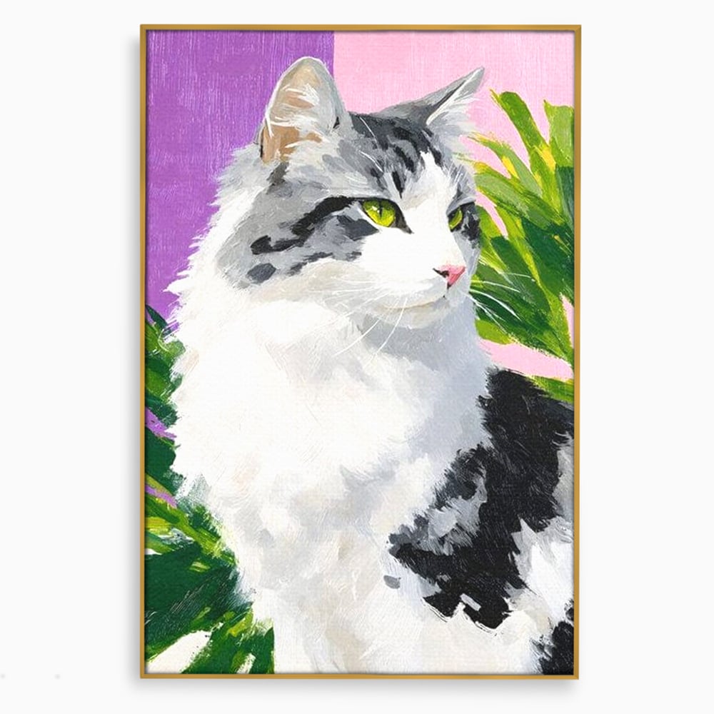 Leinwand Wandkunst Canvas Premium, LuxCanva® M1501, Emerald Lady, Natur, Botanik, Pastell, Malerei, Grün, Blätter, Katze, Tiere, Schlafzimmer, Büro, Wohnzimmer, Kinderzimmer