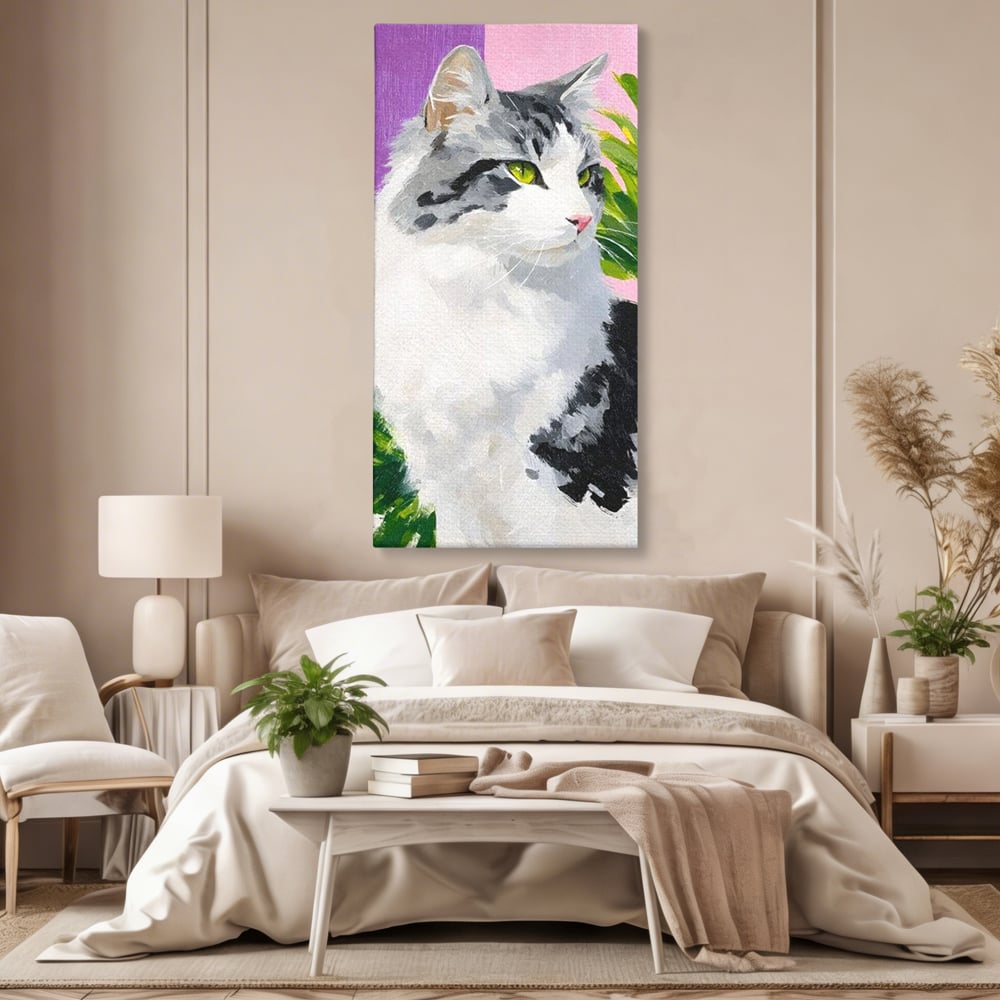 Leinwand Wandkunst Canvas Premium, LuxCanva® M1501, Emerald Lady, Natur, Botanik, Pastell, Malerei, Grün, Blätter, Katze, Tiere, Schlafzimmer, Büro, Wohnzimmer, Kinderzimmer