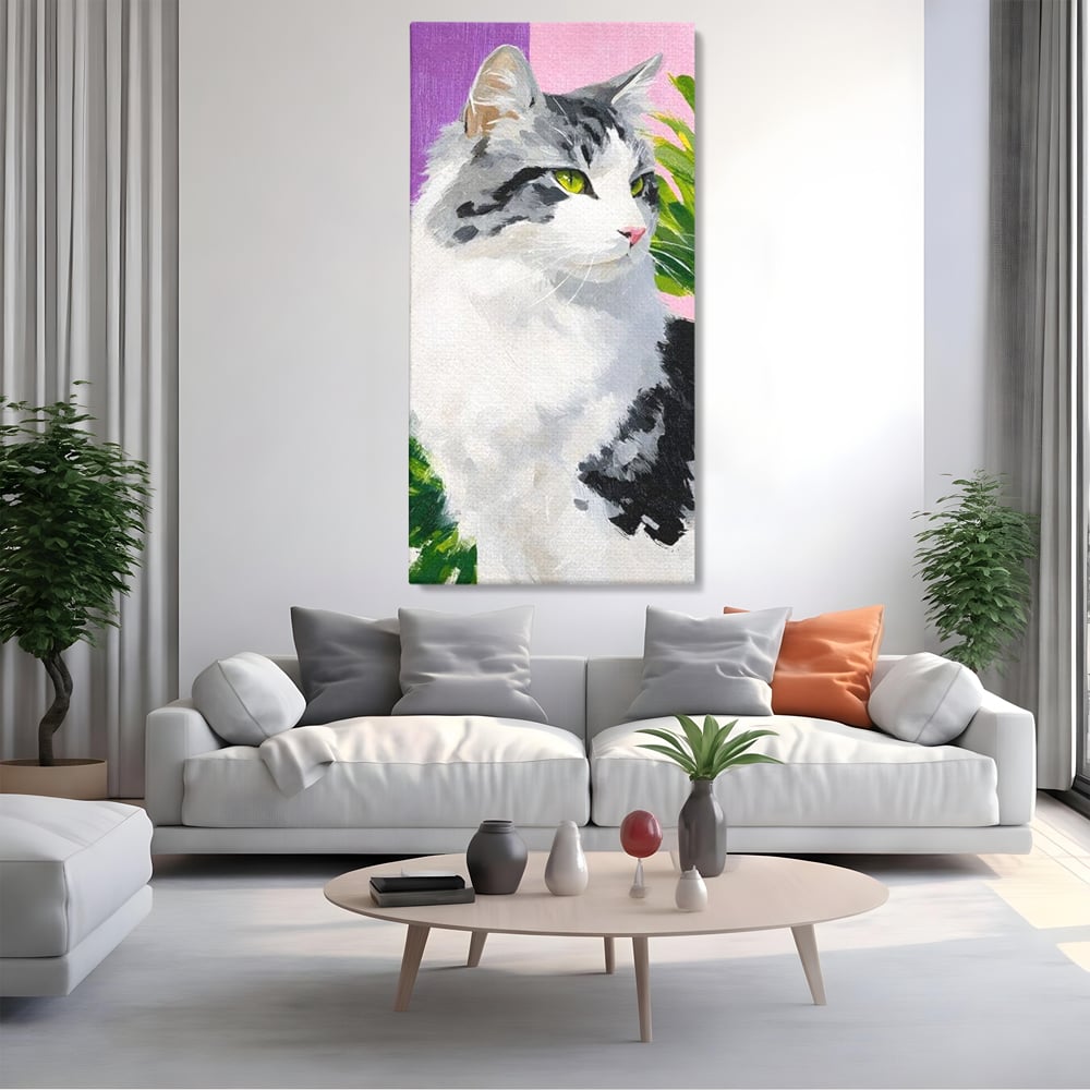 Leinwand Wandkunst Canvas Premium, LuxCanva® M1501, Emerald Lady, Natur, Botanik, Pastell, Malerei, Grün, Blätter, Katze, Tiere, Schlafzimmer, Büro, Wohnzimmer, Kinderzimmer