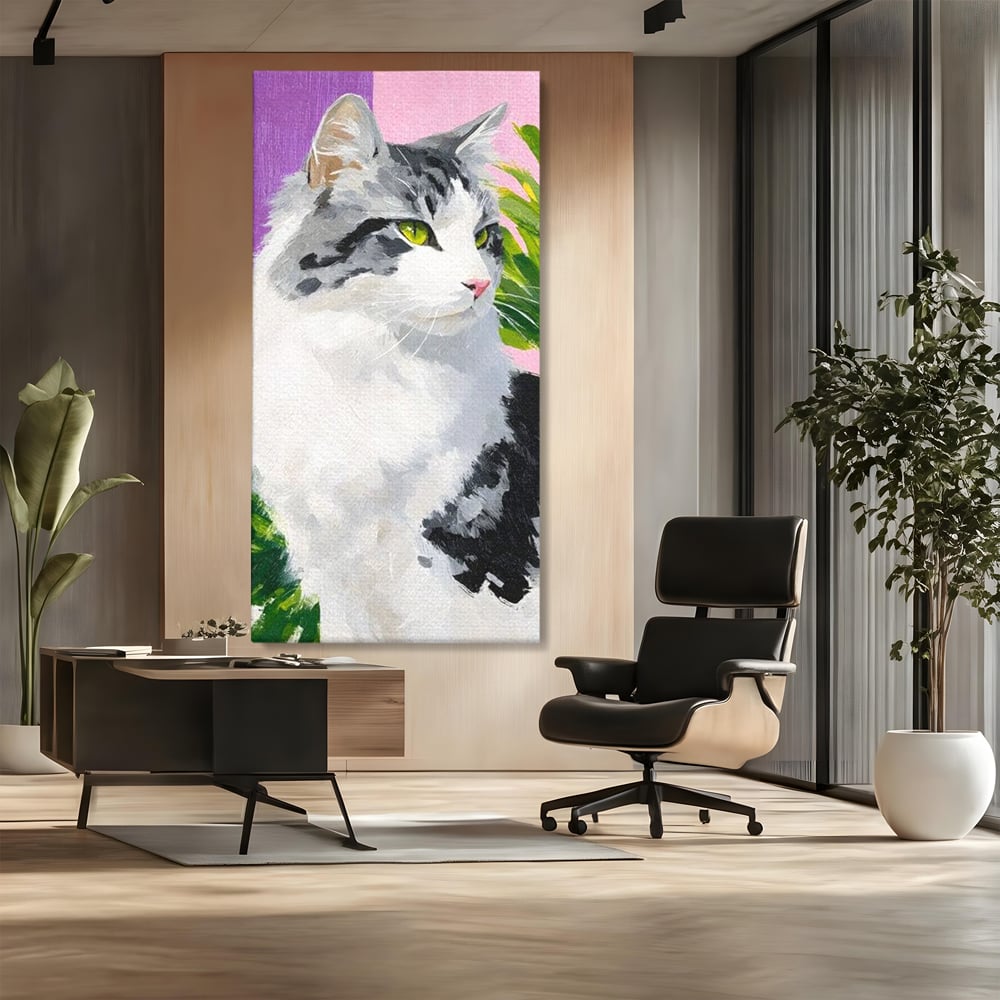Leinwand Wandkunst Canvas Premium, LuxCanva® M1501, Emerald Lady, Natur, Botanik, Pastell, Malerei, Grün, Blätter, Katze, Tiere, Schlafzimmer, Büro, Wohnzimmer, Kinderzimmer