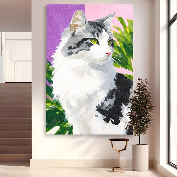 Leinwand Wandkunst Canvas Premium, LuxCanva® M1501, Emerald Lady, Natur, Botanik, Pastell, Malerei, Grün, Blätter, Katze, Tiere, Schlafzimmer, Büro, Wohnzimmer, Kinderzimmer