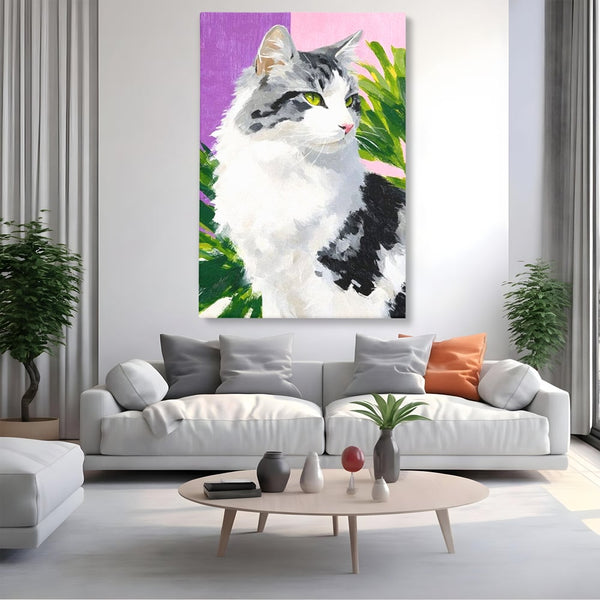 Leinwand Wandkunst Canvas Premium, LuxCanva® M1501, Emerald Lady, Natur, Botanik, Pastell, Malerei, Grün, Blätter, Katze, Tiere, Schlafzimmer, Büro, Wohnzimmer, Kinderzimmer